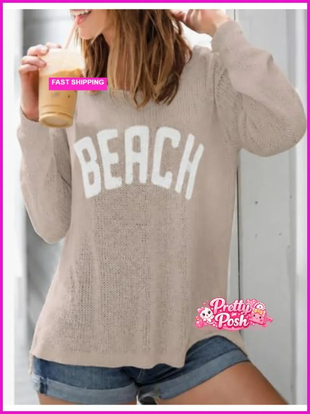 Beach Letter Print Knit Cover Up Sweater Top | Long Sleeve Crew Neck Split Hem